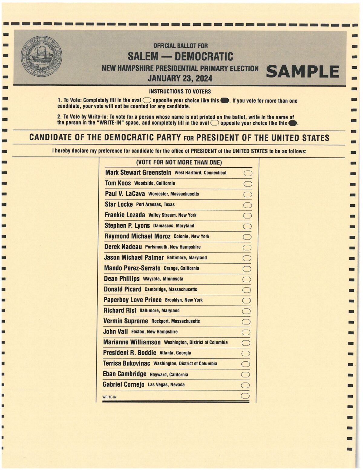 2024 Sample Ballots NH Presidential Primary Salem Town Hall Times