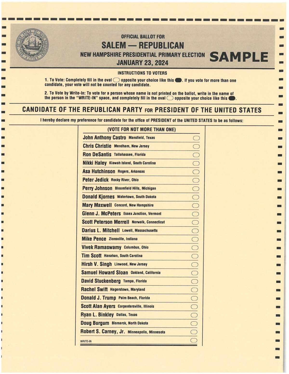 2024 Sample Ballots NH Presidential Primary Salem Town Hall Times